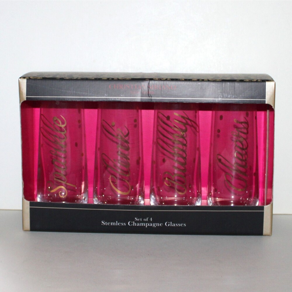 Christian Siriano set 4 Stemless Champagne Glasses flute clear gold NEW glass